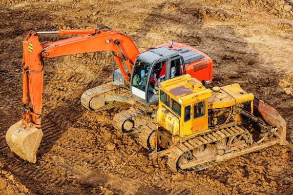 Buldozer Bagr Staveniště Večerních Hodinách — Stock fotografie