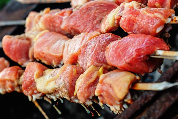 Trozos Cerdo Asados Brochetas Sobre Carbón Vegetal —  Fotos de Stock