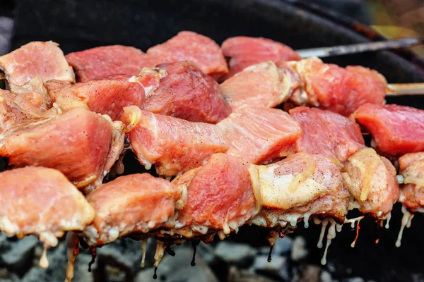 炭火串焼きローストされている豚肉の部分 — ストック写真