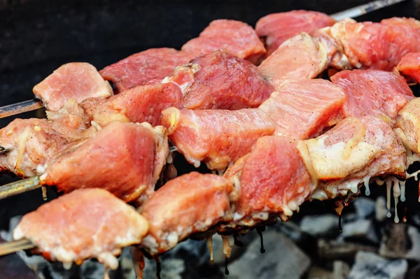 Trozos Cerdo Asados Brochetas Sobre Carbón Vegetal —  Fotos de Stock