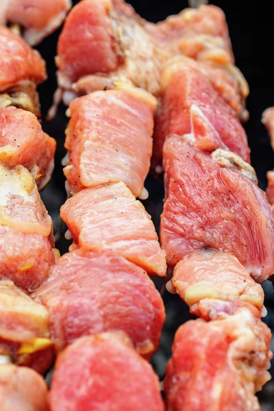 Trozos Cerdo Asados Brochetas Sobre Carbón Vegetal —  Fotos de Stock