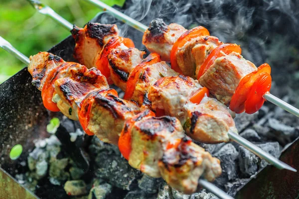 Bitar Fläsk Med Tomatskivor Som Grillas Grillspett Över Träkol — Stockfoto