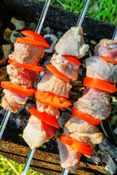 Trozos Cerdo Con Rodajas Tomate Asadas Pinchos Sobre Carbón —  Fotos de Stock