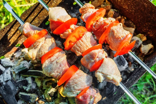 Morceaux Porc Avec Tranches Tomate Rôtis Sur Brochettes Sur Charbon — Photo