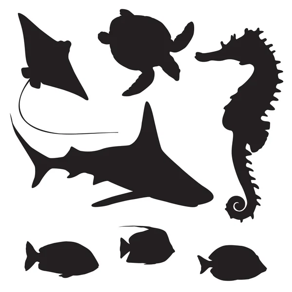 Tiburón, tortuga, pescado y silueta de caballito de mar — Vector de stock