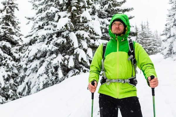 Escursionista invernale in boschi bianchi innevati a piedi con bastoni da trekking e — Foto Stock