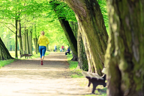 Vrouw loper met joggen in groene zomer park en bos — Stockfoto