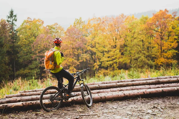 Maastopyöräilijä katselee inspiroivaa metsämaisemaa — kuvapankkivalokuva