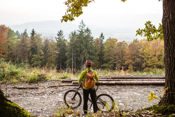 Горный велосипедист смотрит на вдохновляющий лесной пейзаж — стоковое фото