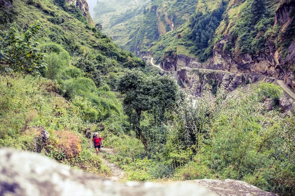 Mochilero femenino escalando con mochila en Himalaya, Nepal —  Fotos de Stock