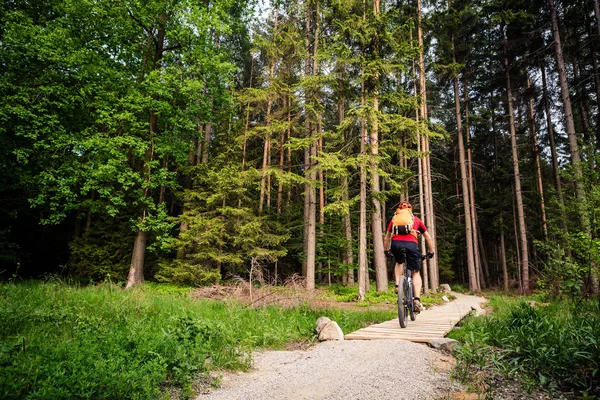 Mountain biker andar de bicicleta na floresta verde inspiradora — Fotografia de Stock