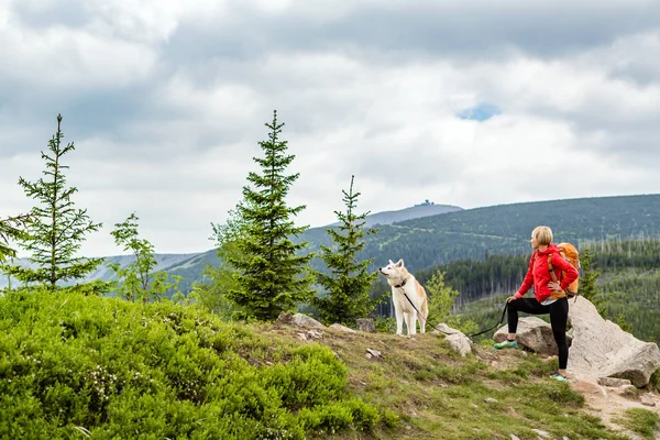 Щасливі жінка, пішохідні прогулянки з собакою в горах, Польща — стокове фото