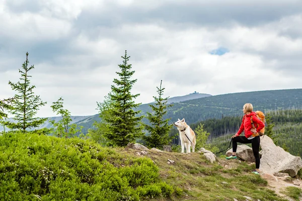 Mutlu kadın ile köpek mountains, Polonya için yürüyüş hiking — Stok fotoğraf