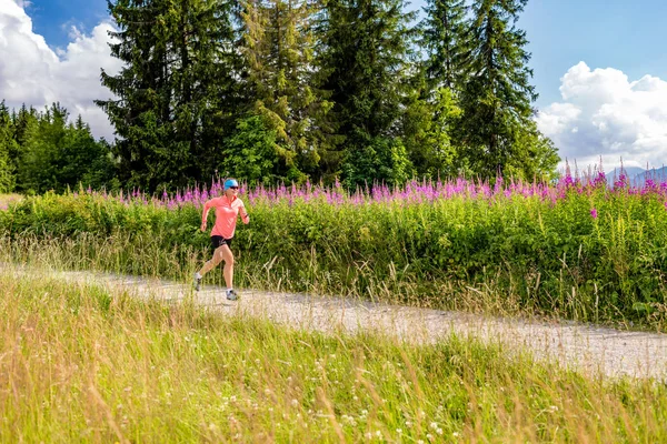 Fiatal nő fut ország út a hegyek, a nyári nap — Stock Fotó