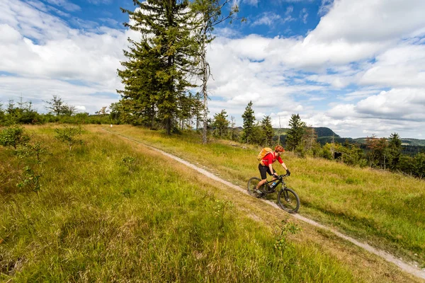 Mountain bike uomo a cavallo tra boschi e montagne — Foto Stock