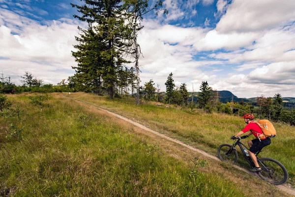 Ciclista de montaña montando MTB en montañas y bosques — Foto de Stock