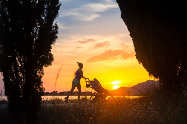 Correndo mãe com carrinho desfrutando maternidade em terras do pôr do sol — Fotografia de Stock