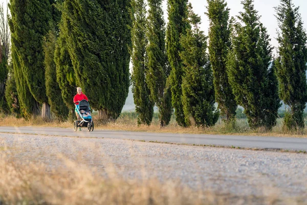 Uitvoeren van moeder met kinderwagen genieten van moederschap bij zonsondergang landerijen — Stockfoto