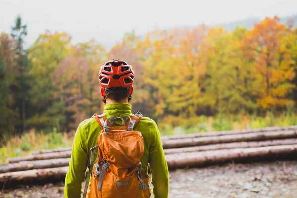 Ciclista de montaña mirando el inspirador paisaje forestal — Foto de Stock