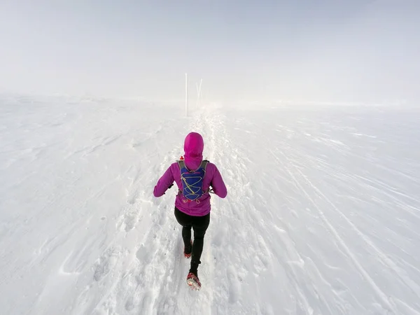 Mulher correndo em trilha de inverno, neve e montanhas brancas — Fotografia de Stock