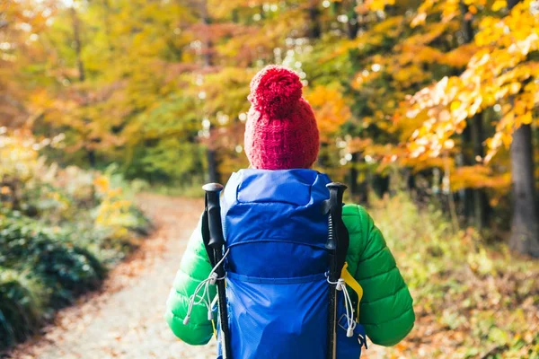 Mulher caminhando com mochila olhando para inspirador ouro do outono — Fotografia de Stock