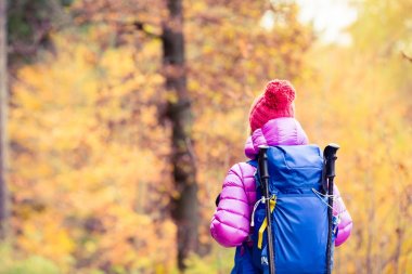 Kadın ilham verici sonbahar golde seyir sırt çantası ile hiking