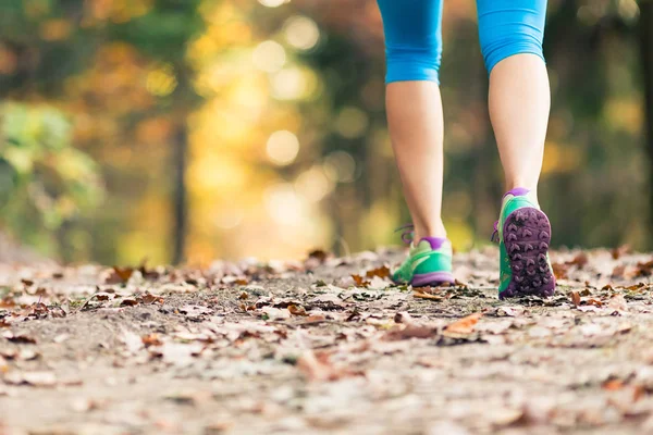 Kvinnan promenader och vandring i höst skog — Stockfoto