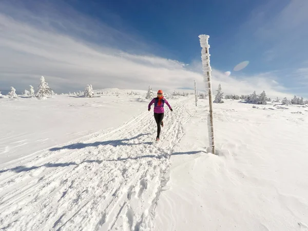 Mujer corriendo en el sendero de invierno, nieve y montañas blancas —  Fotos de Stock