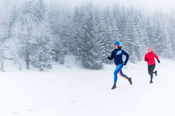 Duas mulheres trilha correndo na neve em montanhas de inverno — Fotografia de Stock