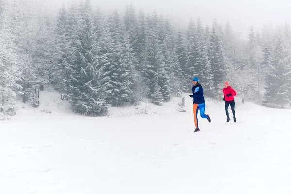 Κορίτσια Που Τρέχουν Μαζί Στο Χιόνι Στα Βουνά Του Χειμώνα — Φωτογραφία Αρχείου