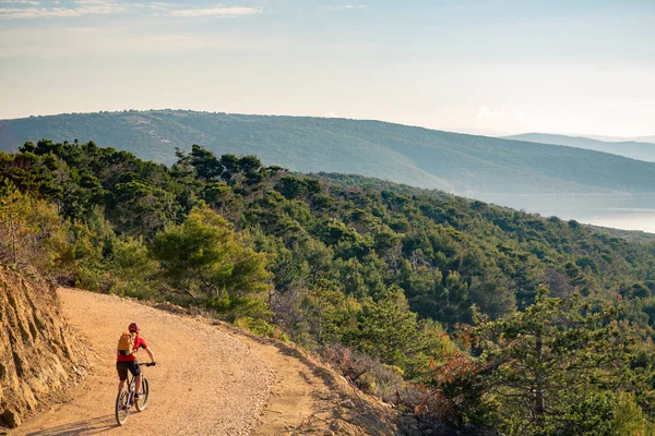 山のバイカーは 秋の心に強く訴える山風景の中の自転車に乗って 男サイクリング Mtb エンデューロ トレイルを駆る スポーツ フィットネス動機とインスピレーション — ストック写真