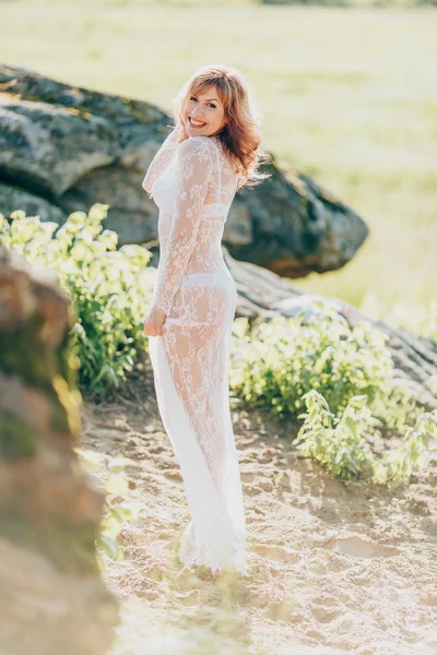 Woman with makeup on nature — Stock Photo, Image