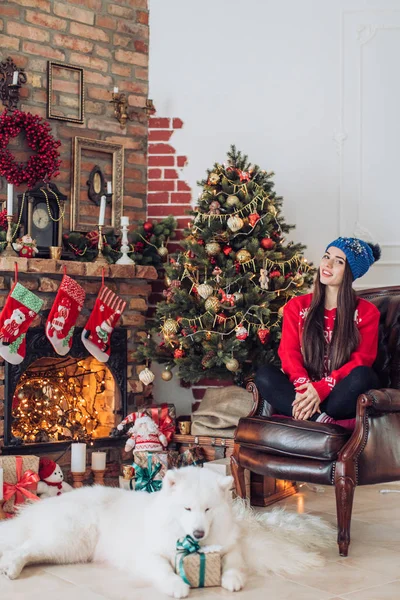 Frau in der Nähe des Weihnachtsbaums mit Hund — Stockfoto