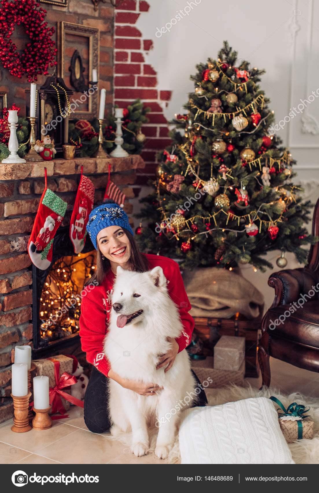 Frau in der Nähe des Weihnachtsbaums mit Hund — Stockfoto © Forewer