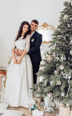 Gelin ve damat Noel ağacı yakınındaki