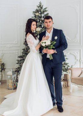 Gelin ve damat Noel ağacı yakınındaki