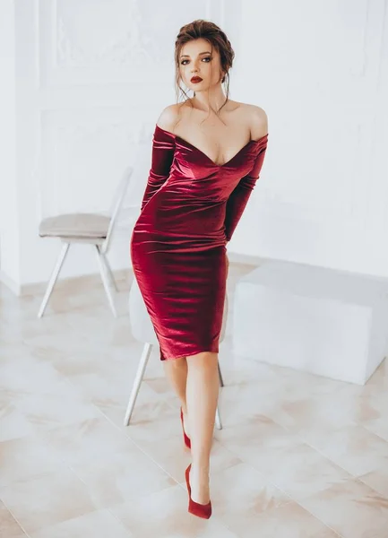 Beautiful Young Woman Posing Red Velvet Dress Studio — Stock Photo, Image