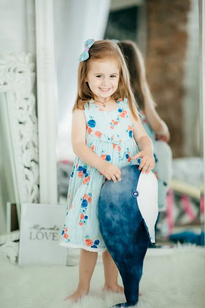 Cute Little Girl Dress Whale Toy Home Happy Childhood Concept — Stock Photo, Image