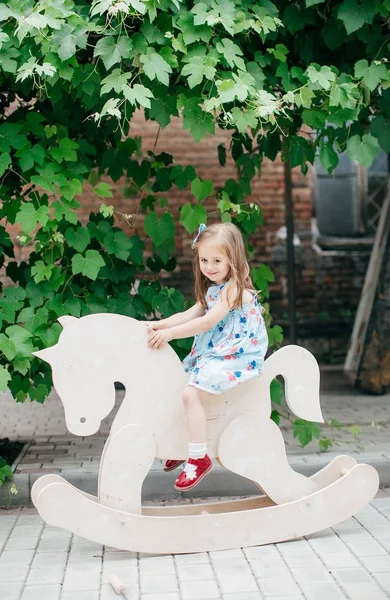 Cute Little Happy Girl Dress Wooden Horse — Stock Photo, Image