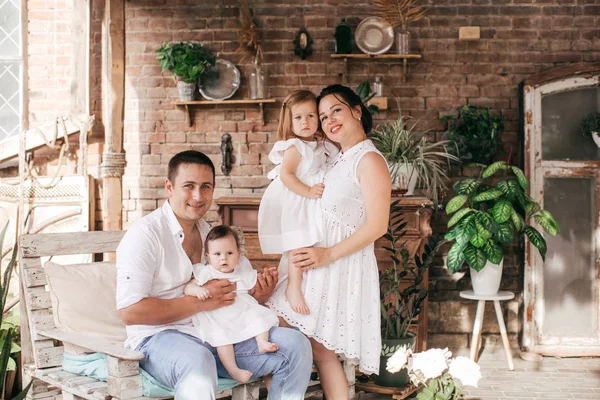 Cute Little Girls Parents Posing Interior — Photo