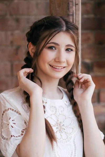 Beautiful Young Woman Two Braids — Stock Photo, Image