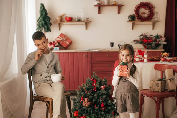 Счастливые Дети Позируют Рождественской Кухне — стоковое фото