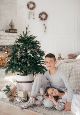 Mutlu çocuklar noel arifesinde Noel ağacının yanında poz veriyorlar.