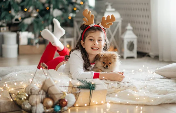 Kleines Mädchen Posiert Weihnachtlichen Interieur Mit Pommernspitzwelpe — Stockfoto