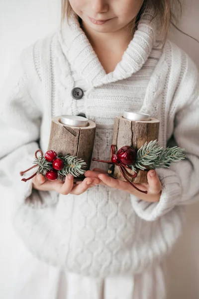 Little Girl Posing Christmas Interior Candles — Stock Photo, Image