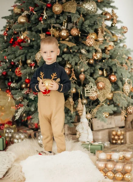 Portrait Happy Little Boy Decorated Christmas Interior — Stock Photo, Image