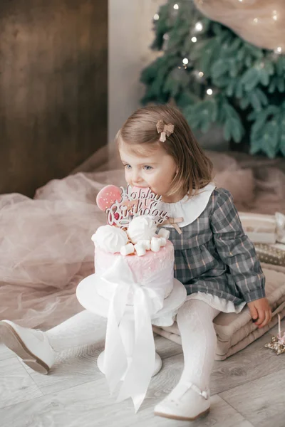 Little Girl Pozowanie Boże Narodzenie Wnętrza — Zdjęcie stockowe