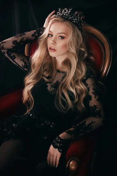 Portrait Beautiful Blond Young Woman Black Dress Chair — 스톡 사진