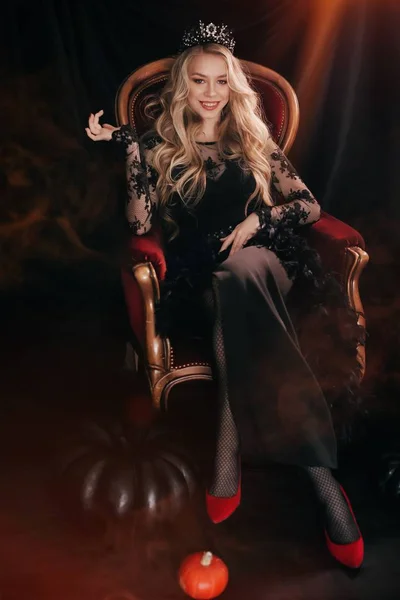 Portrait Beautiful Blond Young Woman Black Dress Chair — 스톡 사진