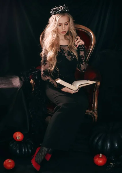 Portrait Beautiful Blond Young Woman Black Dress Book — 스톡 사진